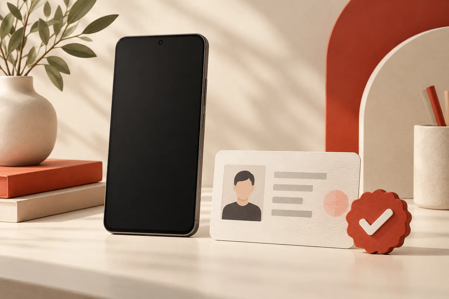 A smartphone beside an identity card and a checkmark seal on a light desk.