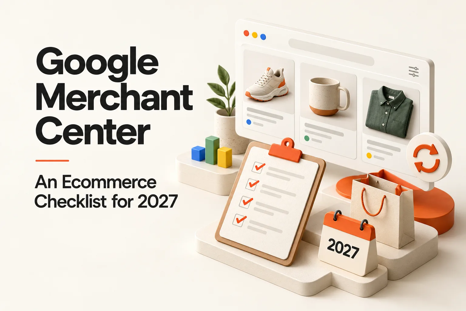 Google Merchant Center ecommerce illustration with product cards, a checklist, shopping bags, refresh arrows and a 2027 calendar on an ivory background. Text reads “Google Merchant Center: An Ecommerce Checklist for 2027.”