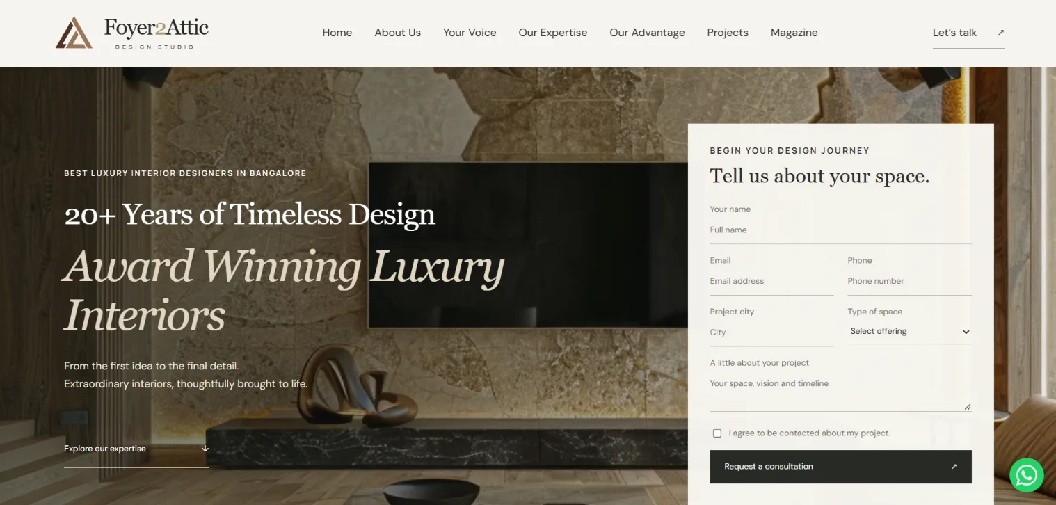 Foyer2Attic Interiors website designed by ElloSpaces