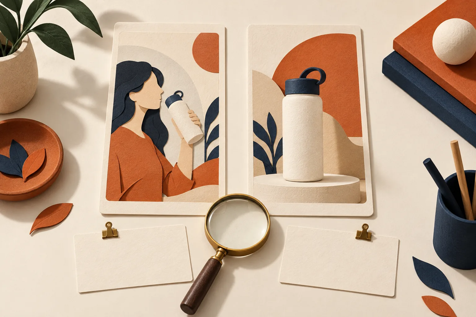 Two vertical paper storyboards show a person using a bottle and a bottle close-up, with a magnifying glass and blank cards.