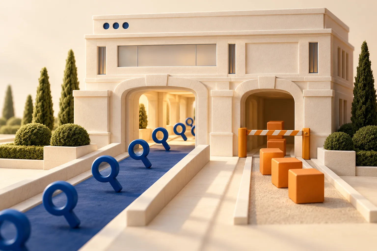 Blue magnifying glasses enter an ivory building while orange cubes wait behind a separate barrier.