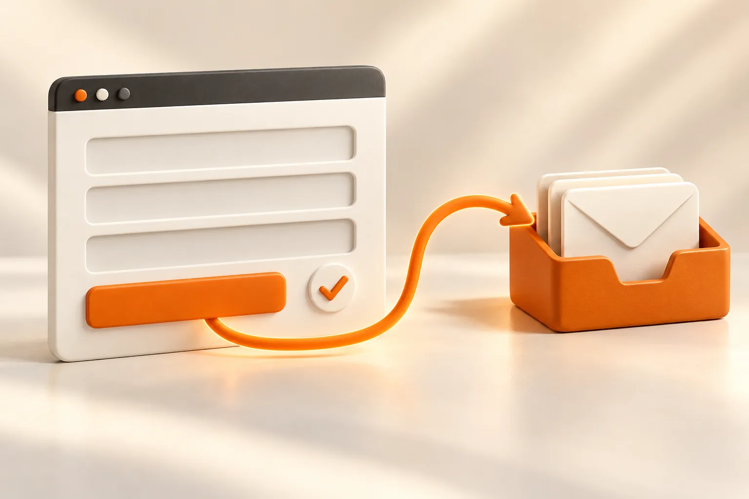 Ivory enquiry form with an orange submit button and checkmark, connected by an orange arrow to a tray of envelopes.